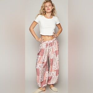 POL Wide Leg Patchwork Print Pants in Pink and Cream